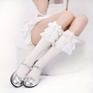 Calf/Knee high White Japanese Style 2 Ruffle Lace Top with White Bow Women Girls